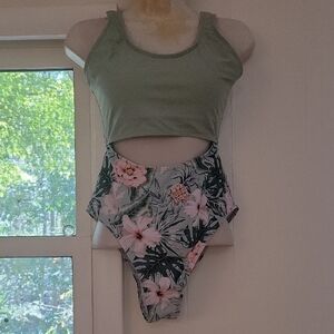 Green and Floral One-Piece Swimsuit